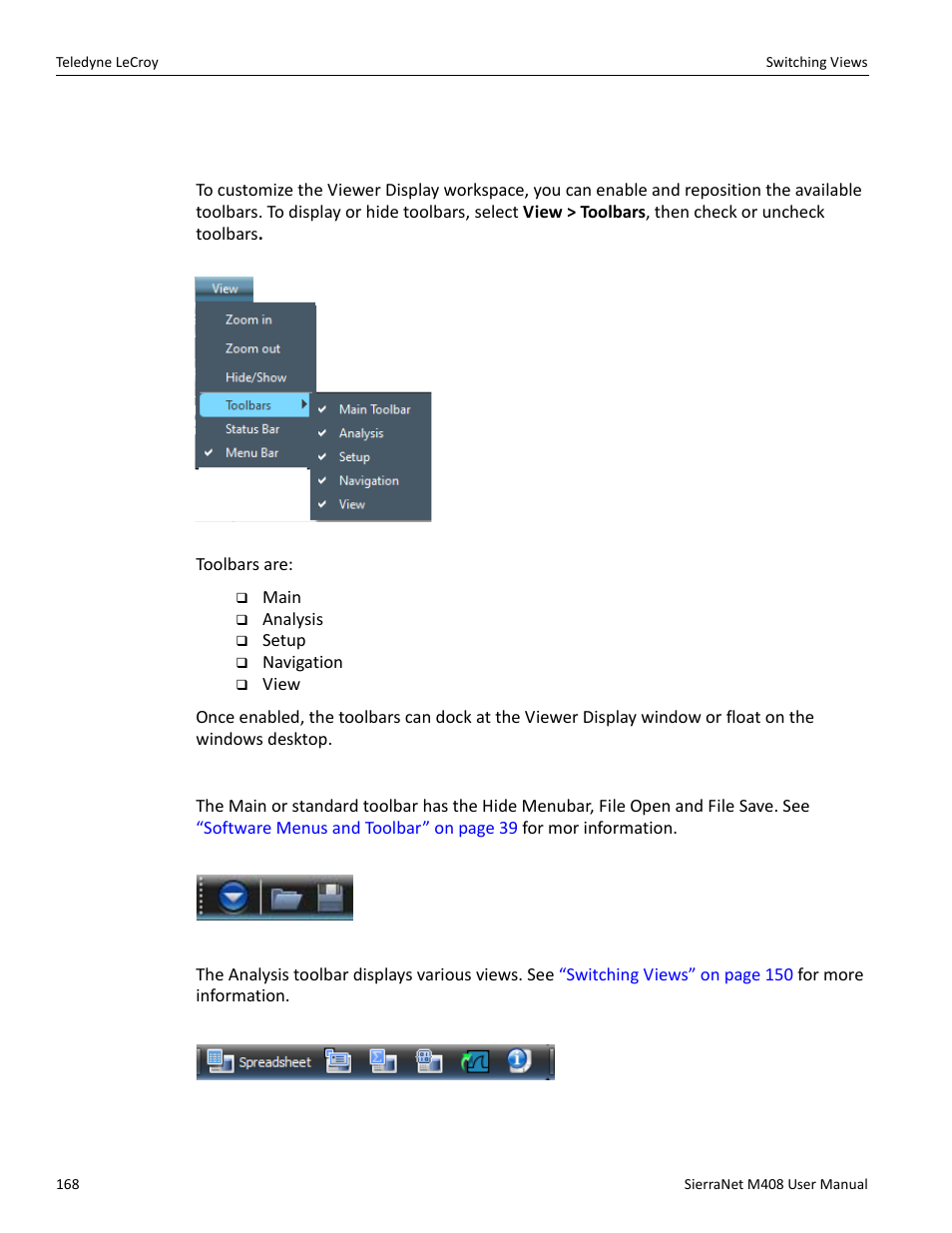 9 toolbars, Enabling tool bars, Main toolbar | Analysis toolbar | Teledyne LeCroy SierraNet M408 User Manual Ver.1.40 User Manual | Page 170 / 234