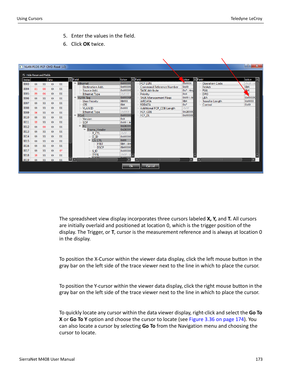 4 using cursors, 1 cursors, Positioning the x cursor | Positioning the y cursor, Locate cursors | Teledyne LeCroy SierraNet M408 User Manual Ver.1.40 User Manual | Page 175 / 234