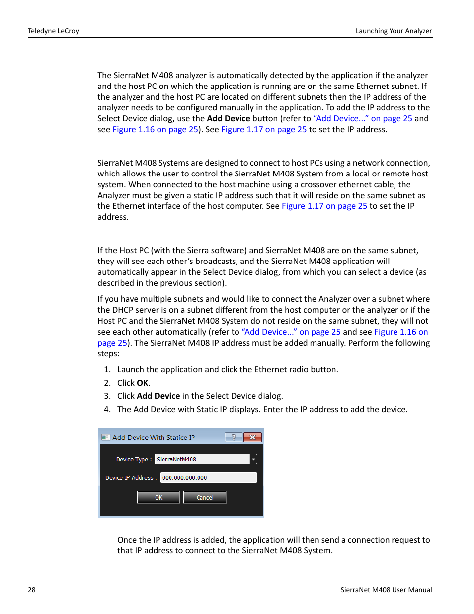 Connecting using a switch, or similar device, Ethernet connectivity through a different subnet | Teledyne LeCroy SierraNet M408 User Manual Ver.1.40 User Manual | Page 30 / 234