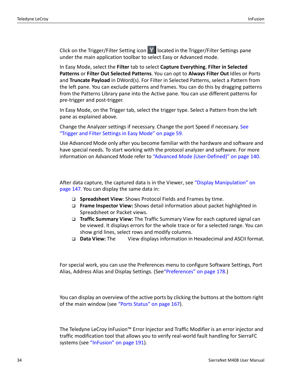 1 easy and advanced modes, 2 viewing captured data, 3 preferences | 4 port status, 8 infusion | Teledyne LeCroy SierraNet M408 User Manual Ver.1.40 User Manual | Page 36 / 234