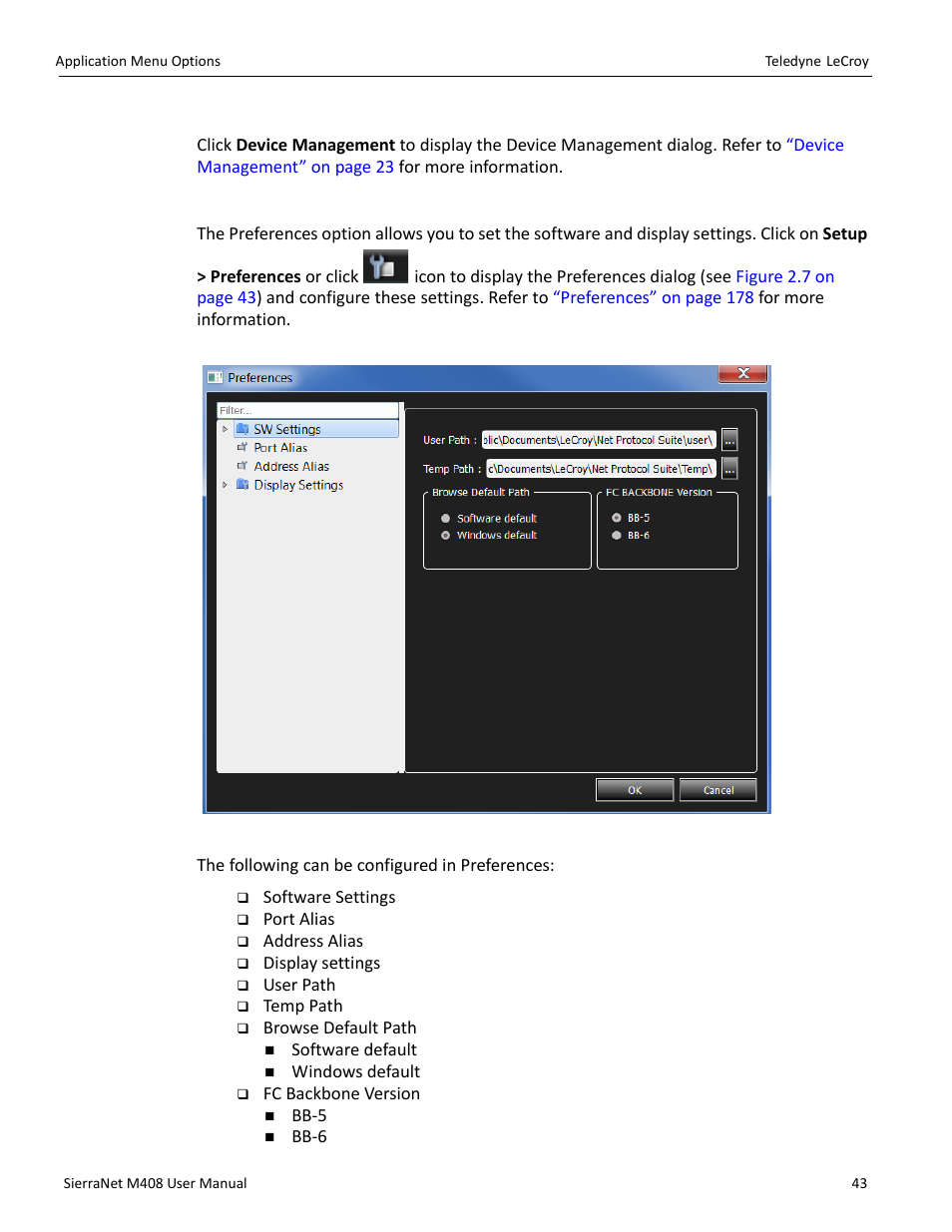 Device management, Preferences, Preferences” on | Teledyne LeCroy SierraNet M408 User Manual Ver.1.40 User Manual | Page 45 / 234