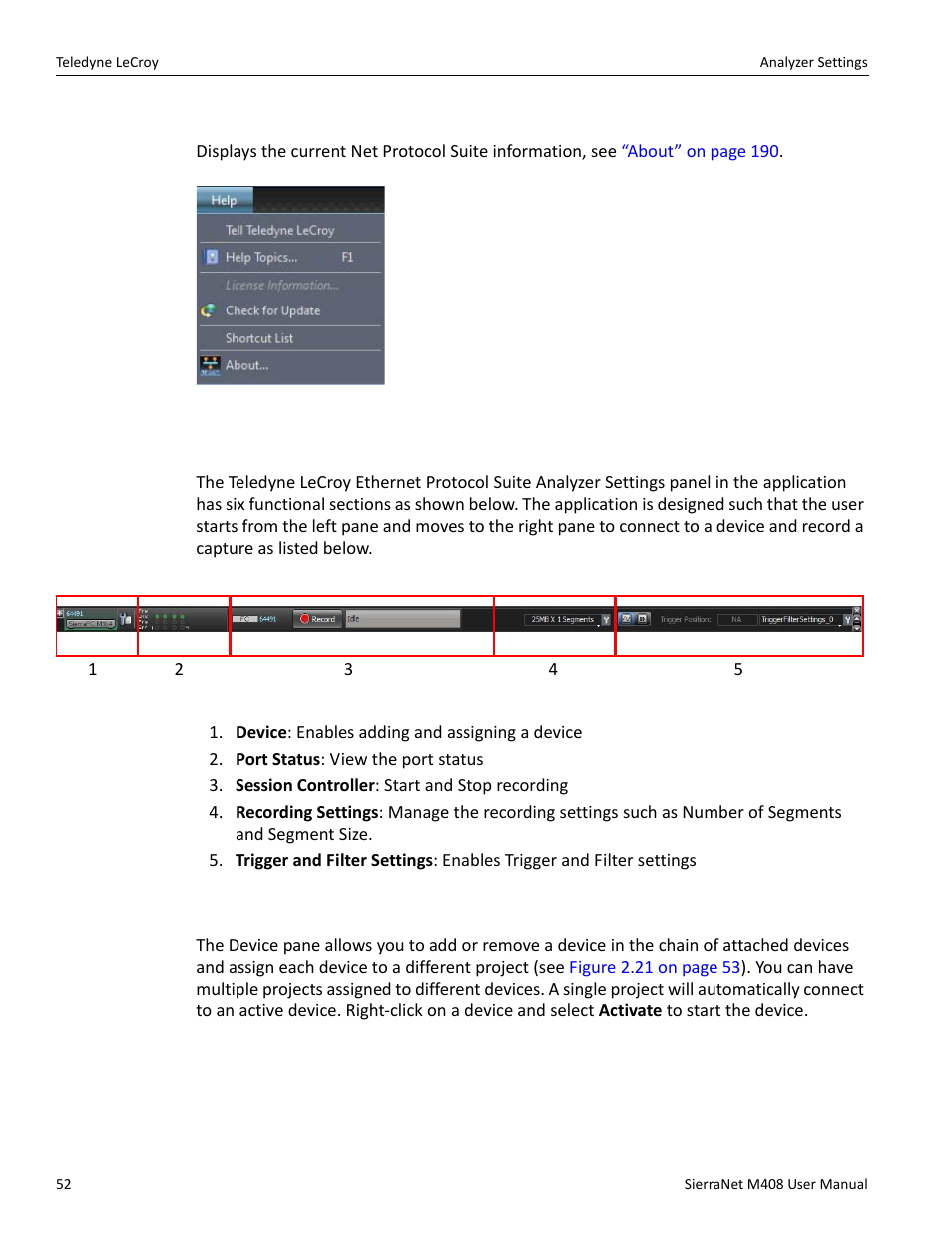 About, 5 analyzer settings, 1 device pane | Teledyne LeCroy SierraNet M408 User Manual Ver.1.40 User Manual | Page 54 / 234