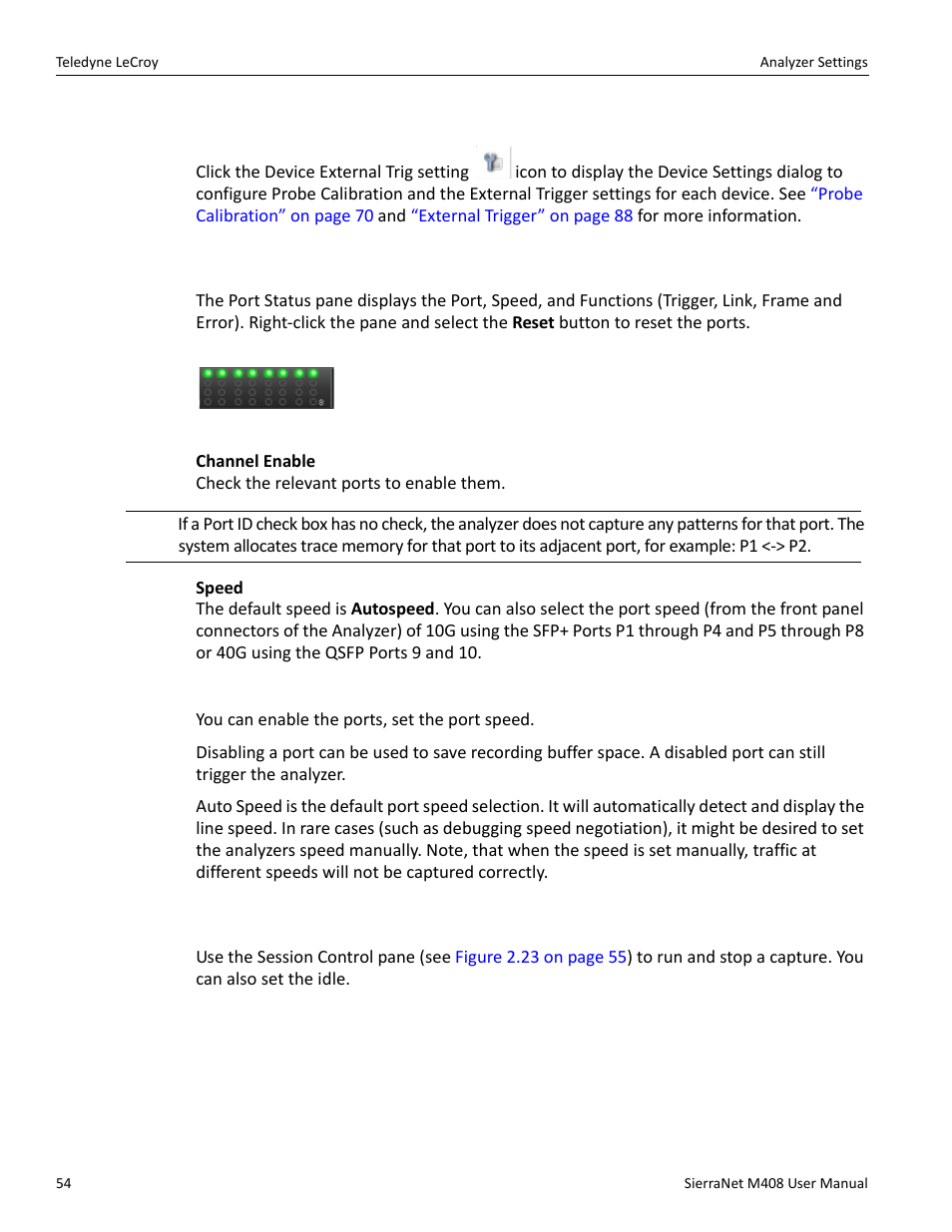 Device settings, 2 port status pane, 3 session control pane | Teledyne LeCroy SierraNet M408 User Manual Ver.1.40 User Manual | Page 56 / 234