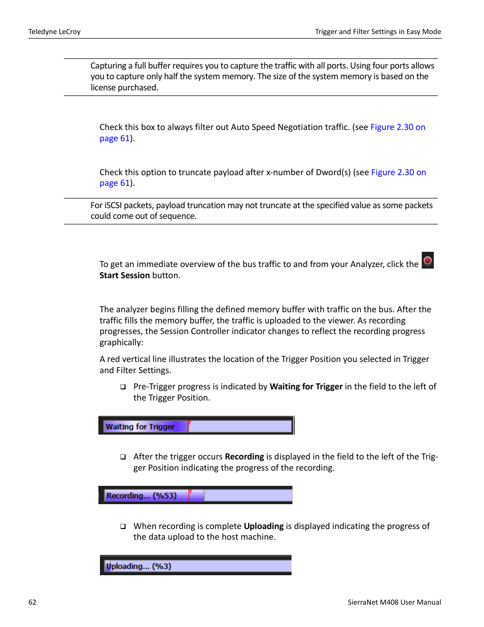 Auto negotiation, Truncate payload, Run hardware | Recording progress | Teledyne LeCroy SierraNet M408 User Manual Ver.1.40 User Manual | Page 64 / 234