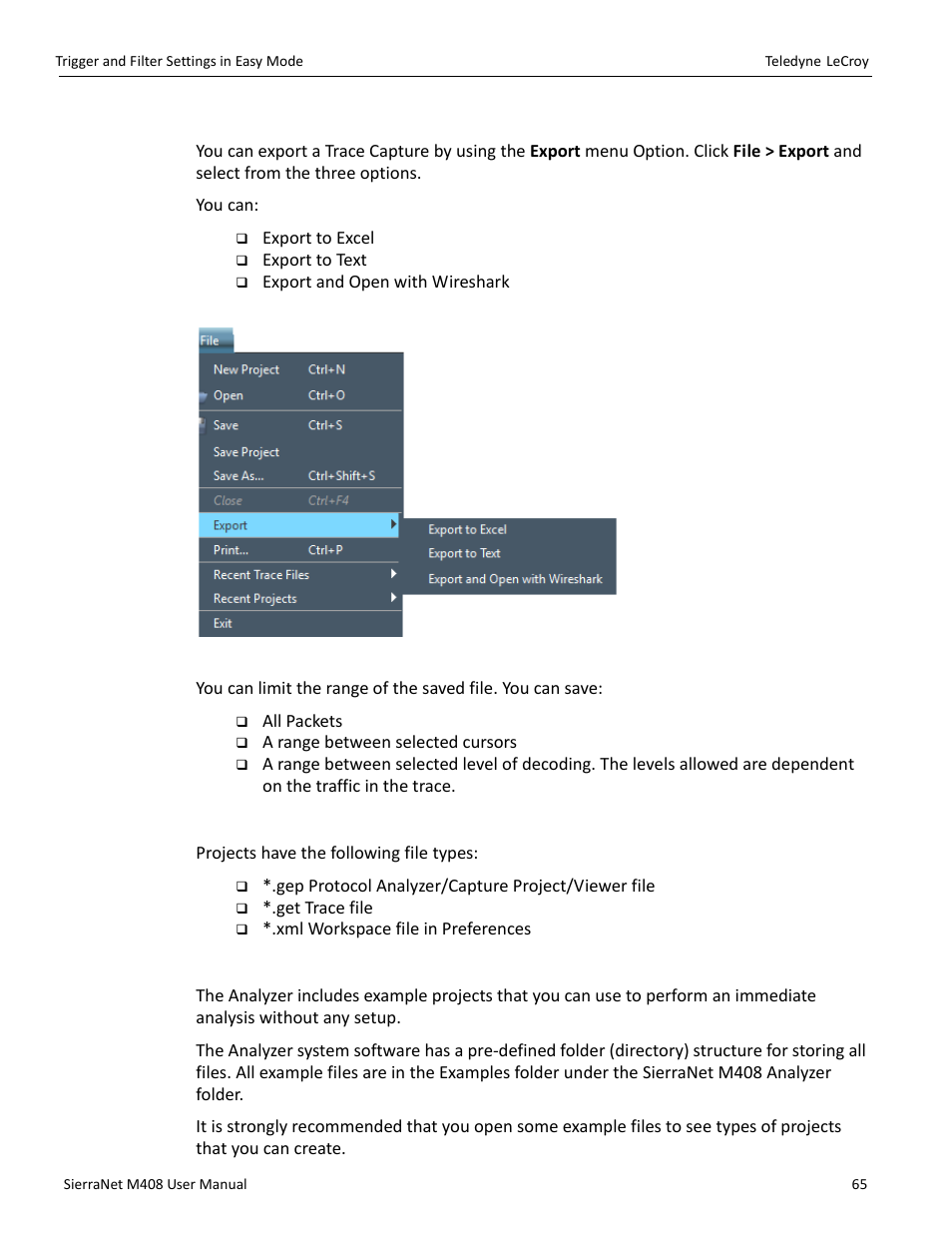 Exporting a trace capture, Project file types, Example projects | Teledyne LeCroy SierraNet M408 User Manual Ver.1.40 User Manual | Page 67 / 234