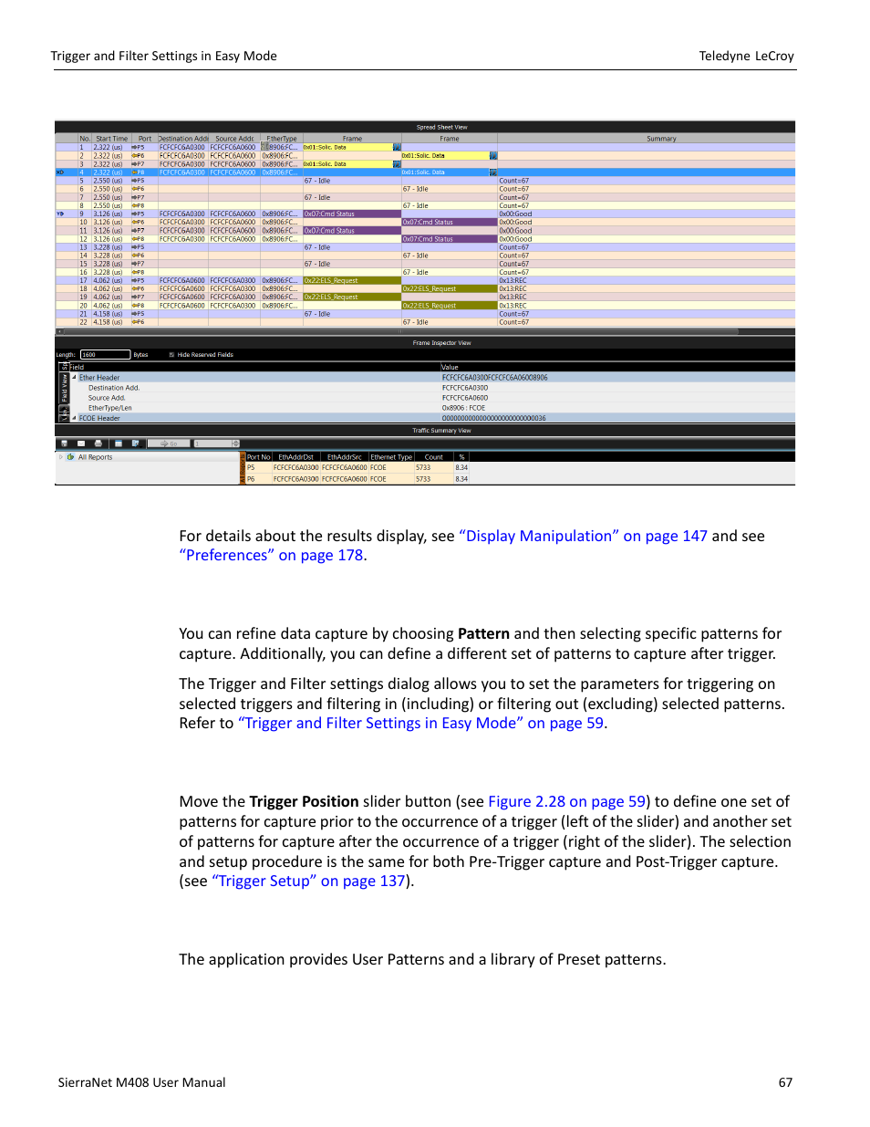 3 patterns and data capture setup, 4 pre- and post trigger data capture, 5 ethernet patterns (easy mode) | Patterns and data capture setup” on, Patterns and data capture, Figure 2.38 on | Teledyne LeCroy SierraNet M408 User Manual Ver.1.40 User Manual | Page 69 / 234