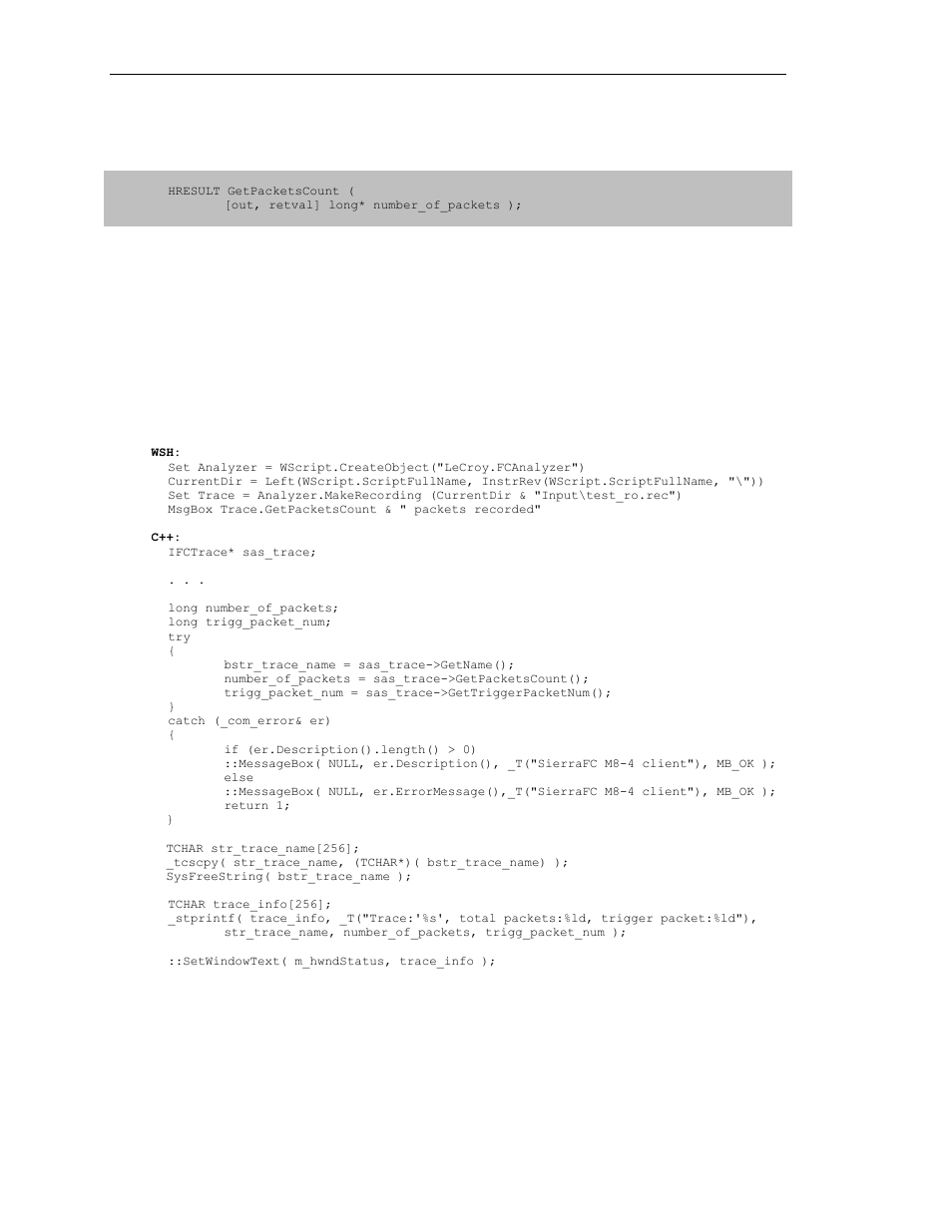 9 itrace::getpacketscount | Teledyne LeCroy SierraFC Automation API User Manual | Page 36 / 71