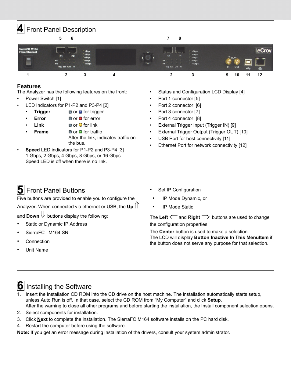 Front panel description, Front panel buttons, Installing the software | Teledyne LeCroy SierraFC M164 Quick Start Guide User Manual | Page 2 / 4