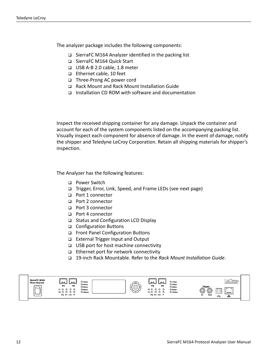 Receiving your analyzer, Unpacking the analyzer, Analyzer features | Teledyne LeCroy SierraFC M164 User Manual User Manual | Page 12 / 343