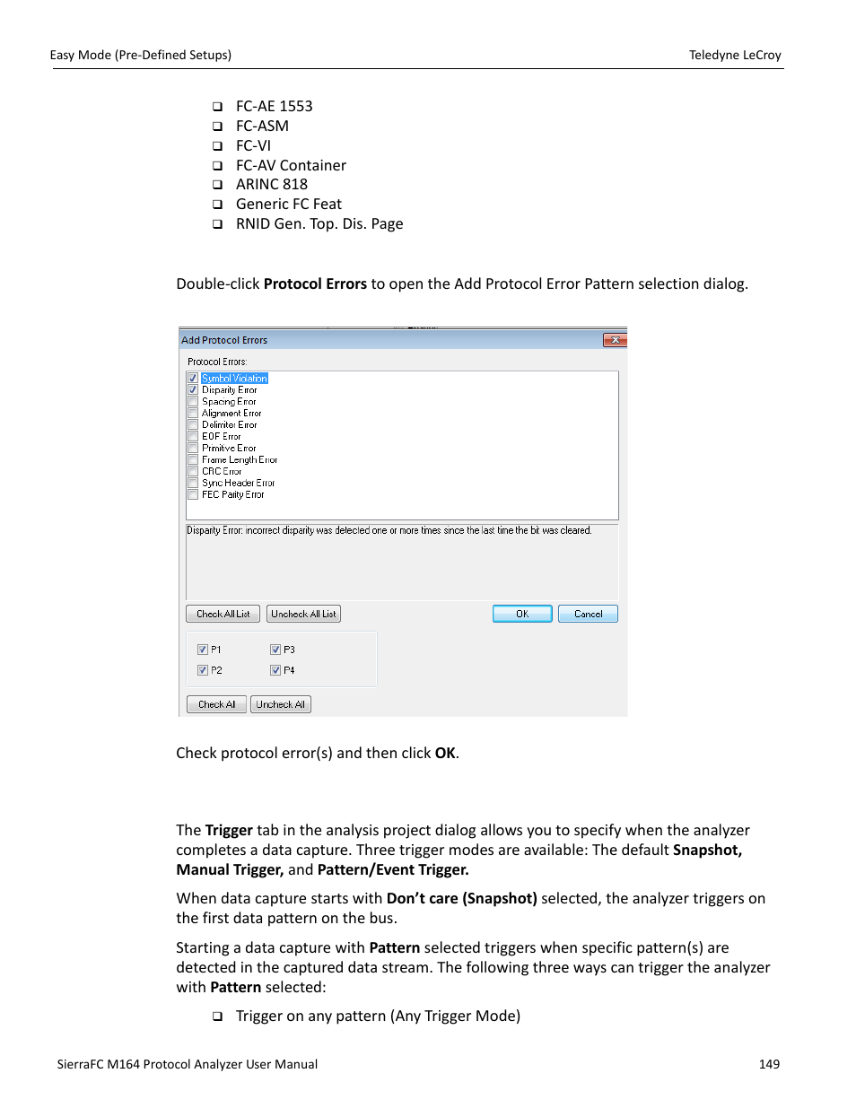 Protocol errors, Trigger setup | Teledyne LeCroy SierraFC M164 User Manual User Manual | Page 149 / 343