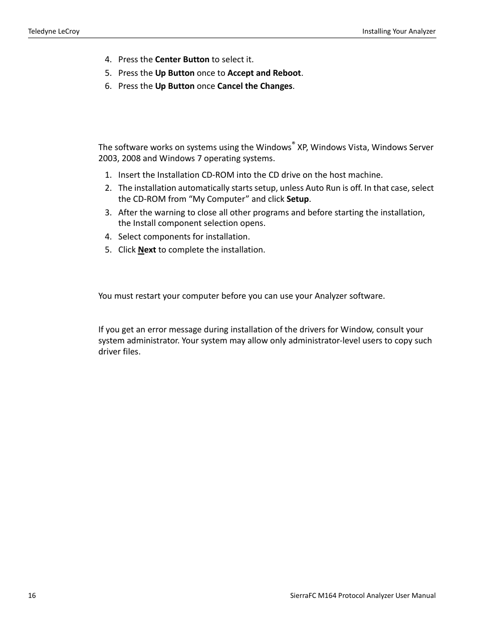 Installing your analyzer, Software installation, System restart | Error message | Teledyne LeCroy SierraFC M164 User Manual User Manual | Page 16 / 343