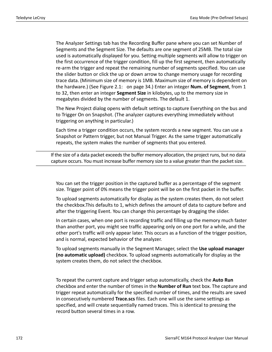 Buffer size and segments, Trigger position, Auto run | Teledyne LeCroy SierraFC M164 User Manual User Manual | Page 172 / 343