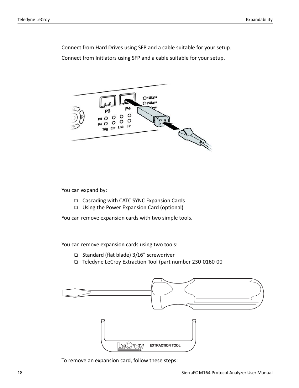 Cables to use, Expandability, Removing expansion cards | Teledyne LeCroy SierraFC M164 User Manual User Manual | Page 18 / 343