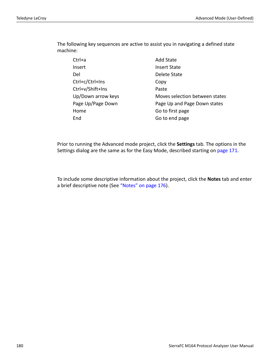Useful key sequences, Project settings, Notes | Teledyne LeCroy SierraFC M164 User Manual User Manual | Page 180 / 343