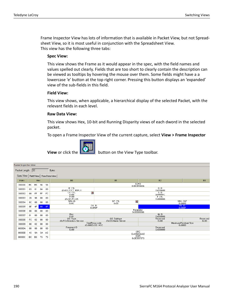Frame inspector view | Teledyne LeCroy SierraFC M164 User Manual User Manual | Page 190 / 343