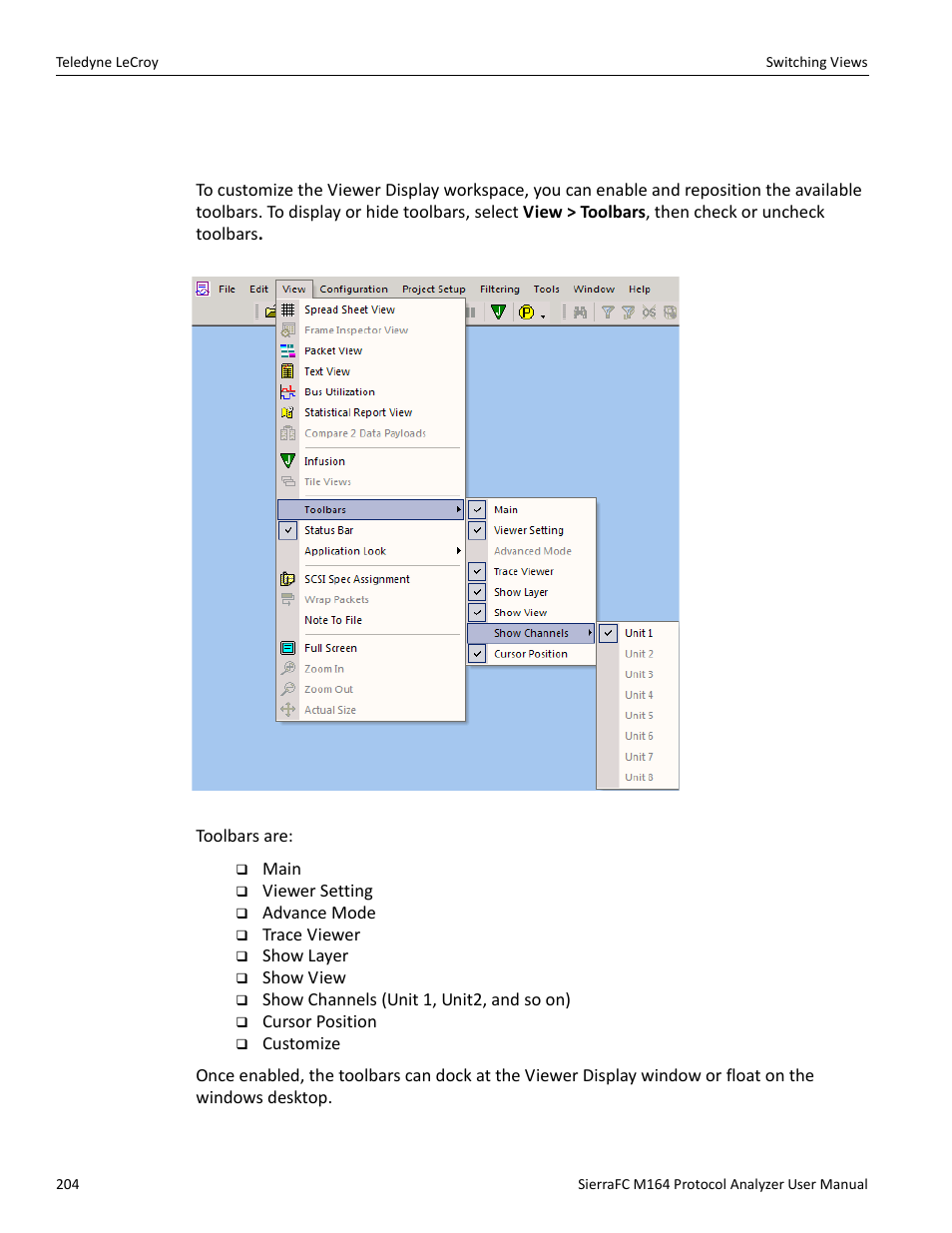 Toolbars, Enabling tool bars | Teledyne LeCroy SierraFC M164 User Manual User Manual | Page 204 / 343