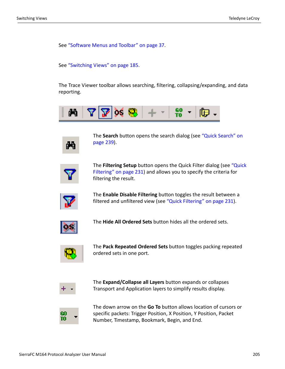 Main toolbar, Show view type toolbar, Trace viewer toolbar | Teledyne LeCroy SierraFC M164 User Manual User Manual | Page 205 / 343