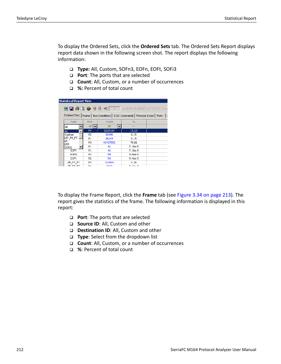 Ordered sets, Frame report | Teledyne LeCroy SierraFC M164 User Manual User Manual | Page 212 / 343