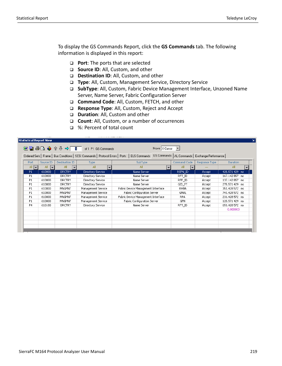 Gs commands | Teledyne LeCroy SierraFC M164 User Manual User Manual | Page 219 / 343