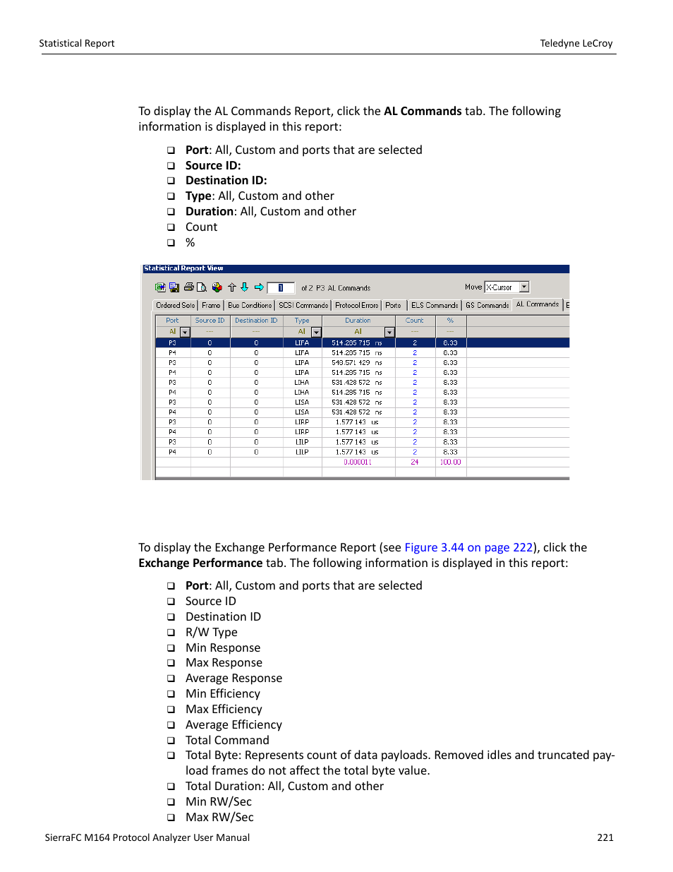 Al commands, Exchange performance report | Teledyne LeCroy SierraFC M164 User Manual User Manual | Page 221 / 343