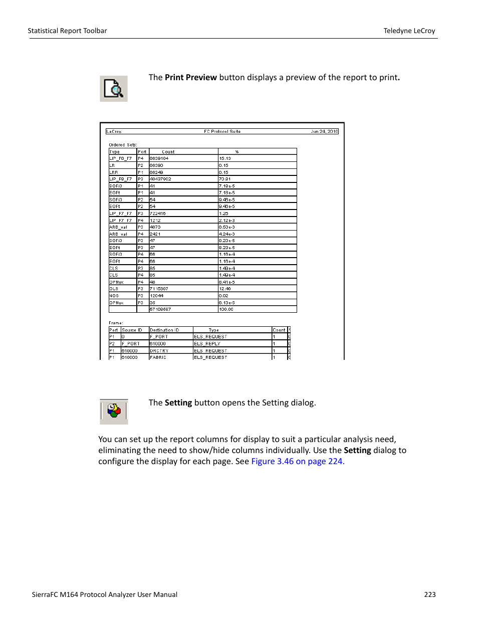 Print preview, Report display settings | Teledyne LeCroy SierraFC M164 User Manual User Manual | Page 223 / 343