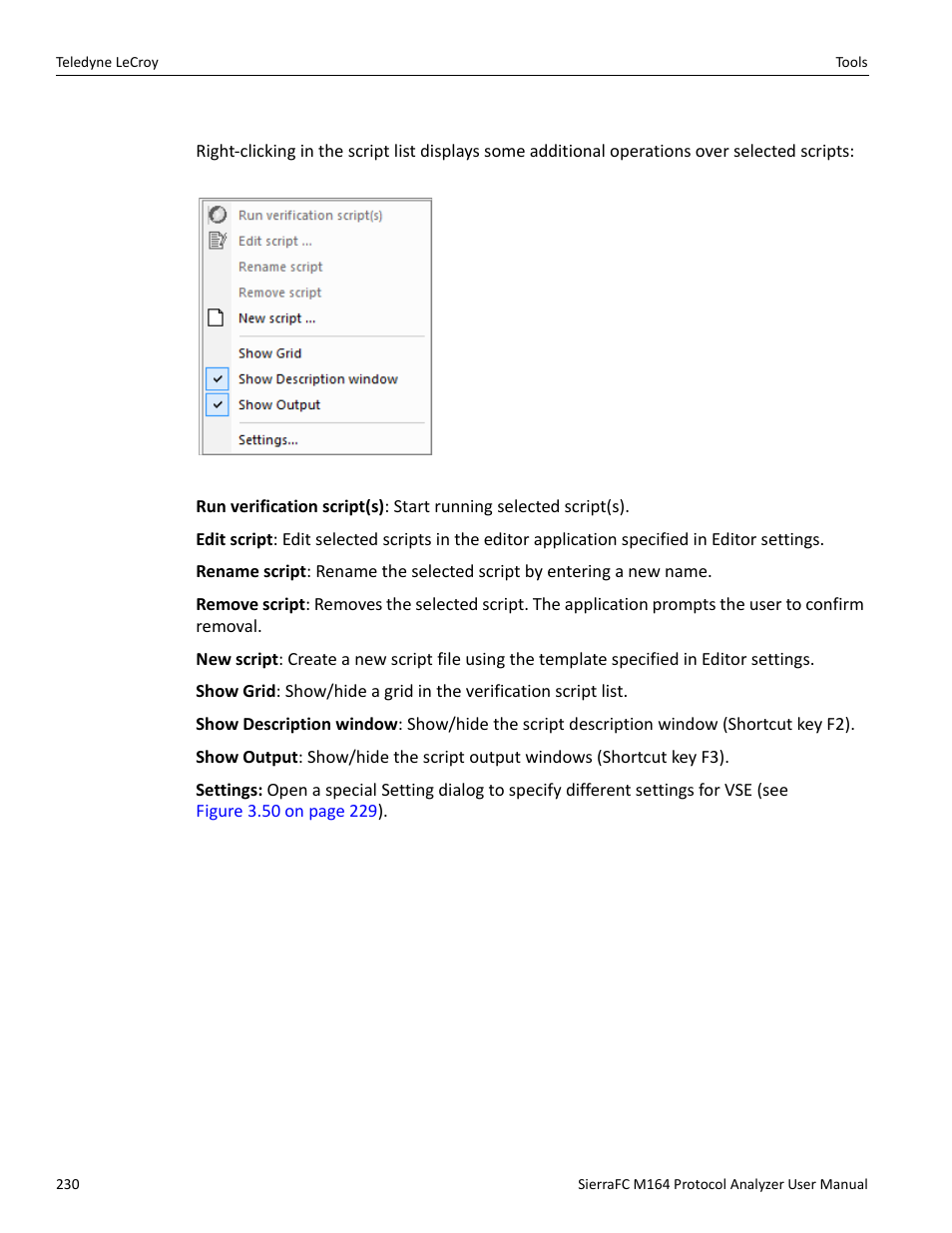 Right-click script menu options | Teledyne LeCroy SierraFC M164 User Manual User Manual | Page 230 / 343