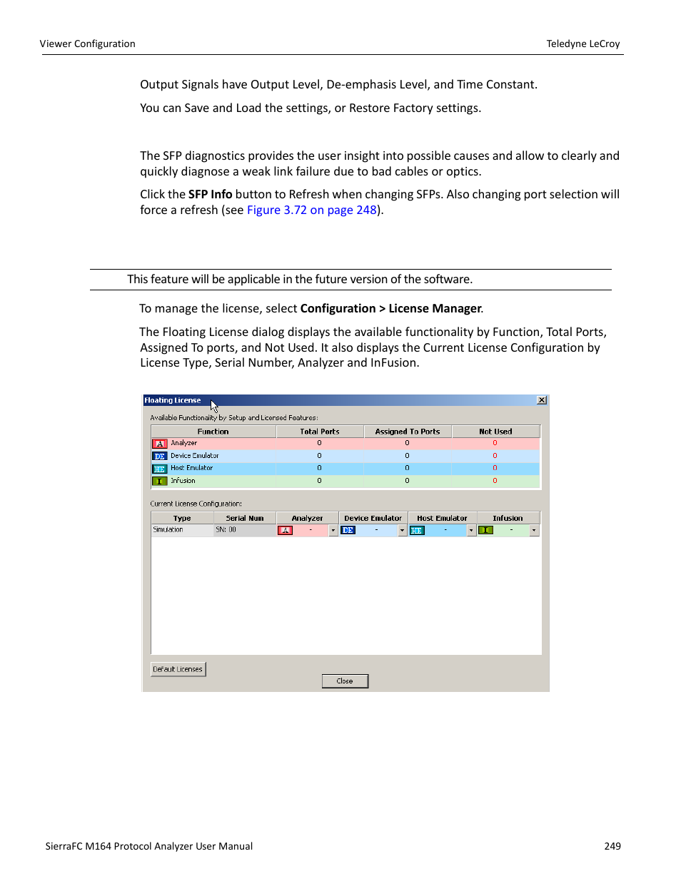 Sfp diagnostics, Floating license | Teledyne LeCroy SierraFC M164 User Manual User Manual | Page 249 / 343