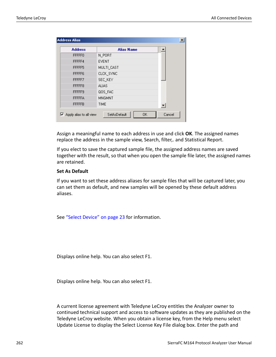 All connected devices, Help menu, Help topics | Vse help topics, Update license | Teledyne LeCroy SierraFC M164 User Manual User Manual | Page 262 / 343