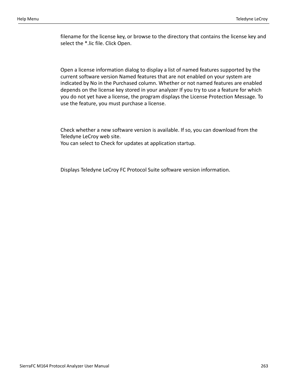 Display license information, Check for updates, About | Teledyne LeCroy SierraFC M164 User Manual User Manual | Page 263 / 343