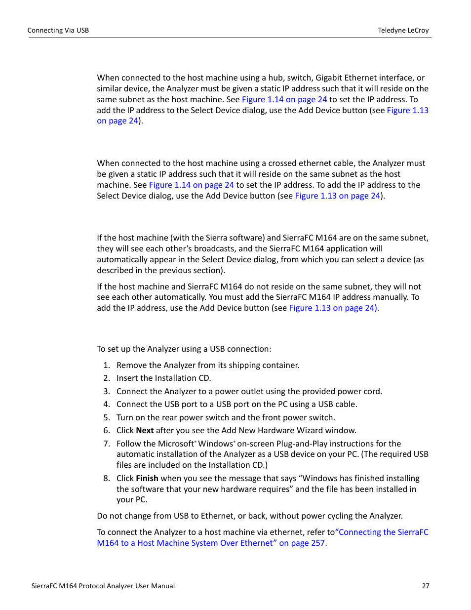 Connecting using a hub, switch, or similar device, Connecting over different subnets, Connecting via usb | Teledyne LeCroy SierraFC M164 User Manual User Manual | Page 27 / 343