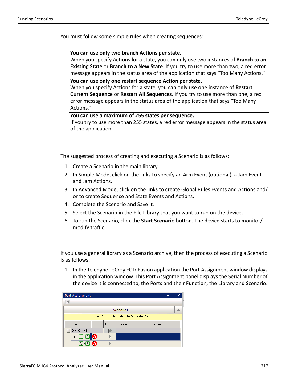 Summary of scenario creation, Running scenarios | Teledyne LeCroy SierraFC M164 User Manual User Manual | Page 317 / 343
