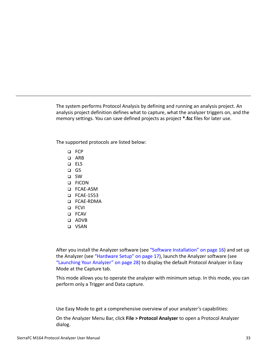 Protocol analysis, Supported protocols, Easy mode (pre-defined setups) | Main window, Chapter 2: protocol analysis, Chapter 2 | Teledyne LeCroy SierraFC M164 User Manual User Manual | Page 33 / 343