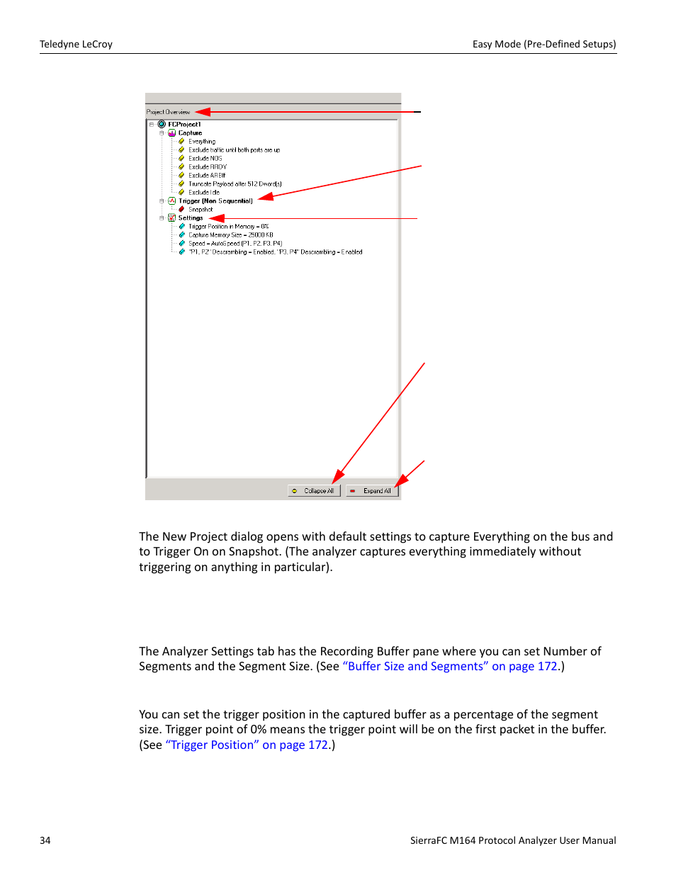 Analyzer settings, Buffer size and segments, Trigger position | Teledyne LeCroy SierraFC M164 User Manual User Manual | Page 34 / 343