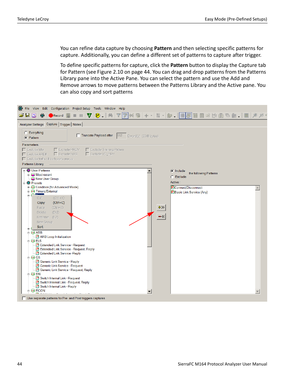 Patterns and data capture setup, Patterns and data capture, Patterns and data capture setup” on | Teledyne LeCroy SierraFC M164 User Manual User Manual | Page 44 / 343