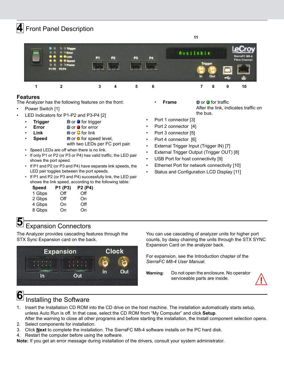 Front panel description, Expansion connectors, Installing the software | Teledyne LeCroy SierraFC M8-4 Quick Start Guide User Manual | Page 2 / 4