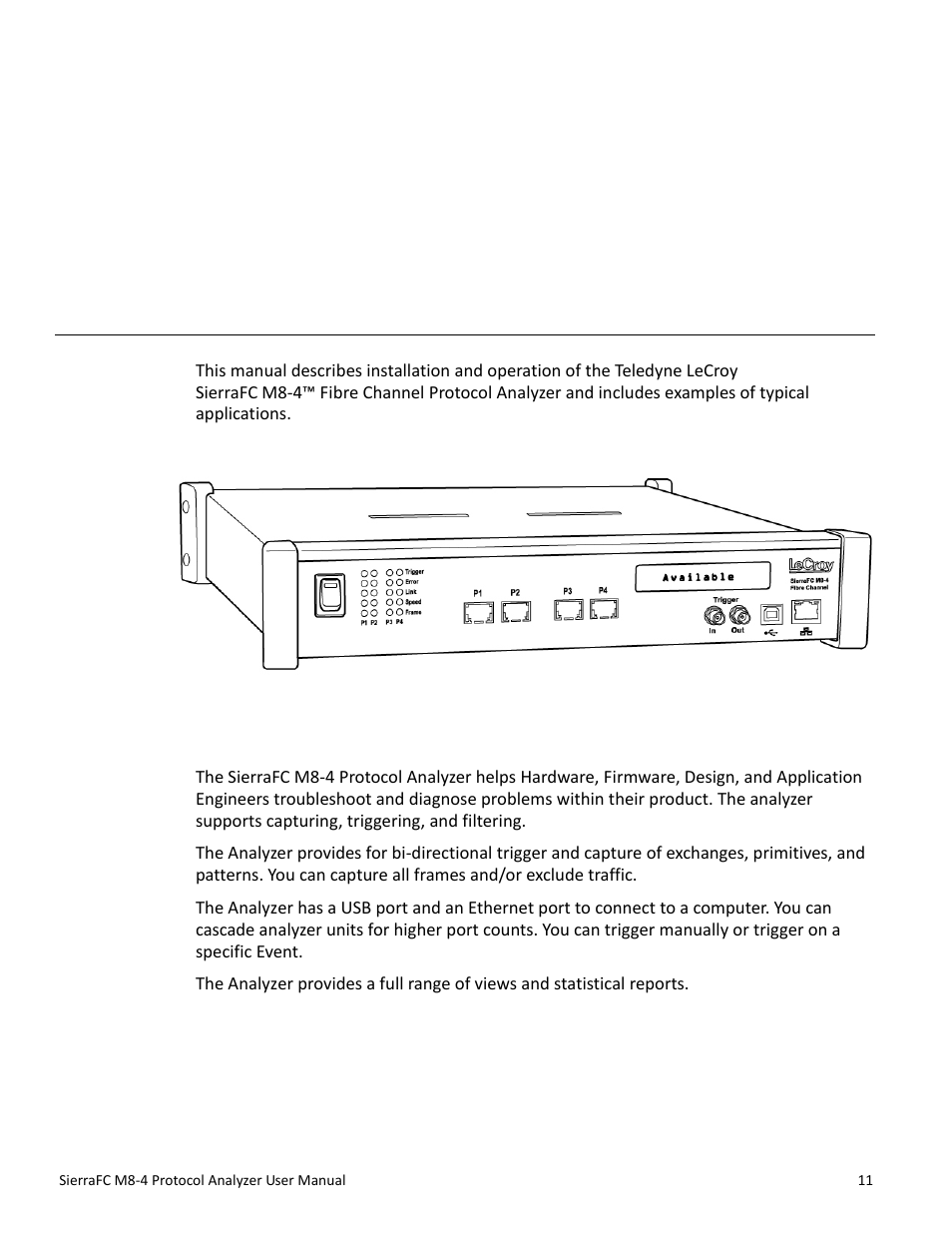 Introduction, Analyzer overview, Chapter 1: introduction | Chapter 1 | Teledyne LeCroy SierraFC M8-4 User Manual User Manual | Page 11 / 335