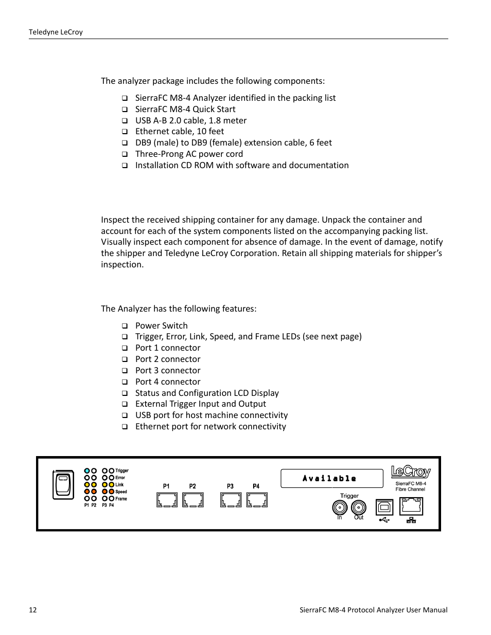 Receiving your analyzer, Unpacking the analyzer, Analyzer features | Teledyne LeCroy SierraFC M8-4 User Manual User Manual | Page 12 / 335