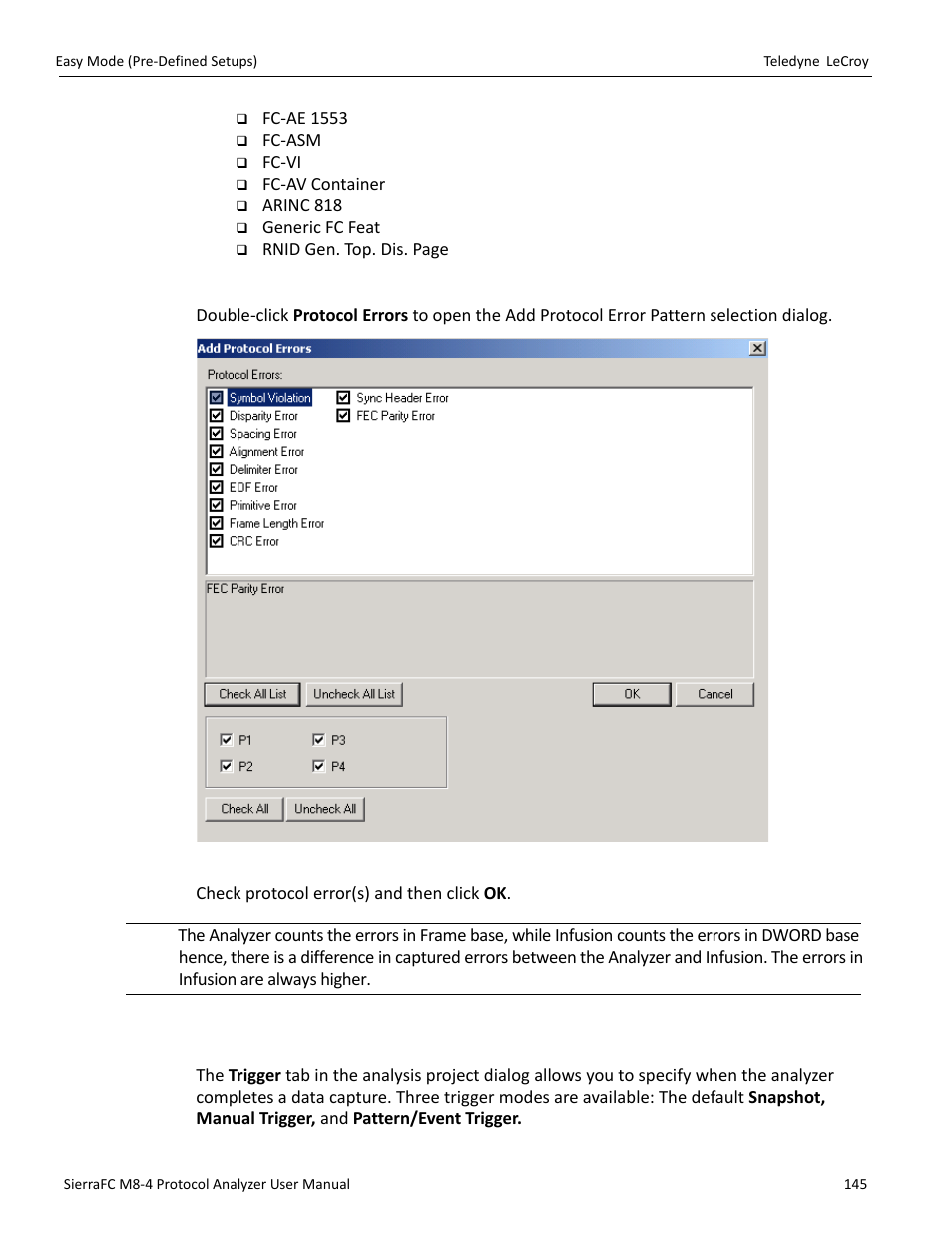 Protocol errors, Trigger setup | Teledyne LeCroy SierraFC M8-4 User Manual User Manual | Page 145 / 335