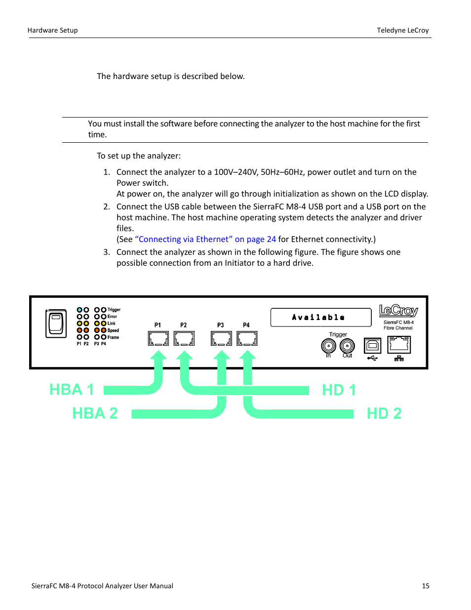 Hardware setup, Connecting in general | Teledyne LeCroy SierraFC M8-4 User Manual User Manual | Page 15 / 335