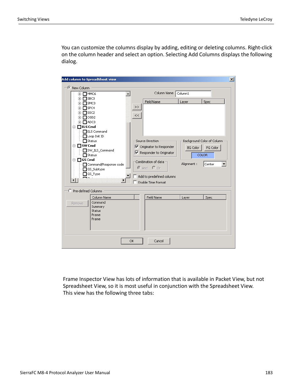 Add, edit and delete columns, Frame inspector view | Teledyne LeCroy SierraFC M8-4 User Manual User Manual | Page 183 / 335