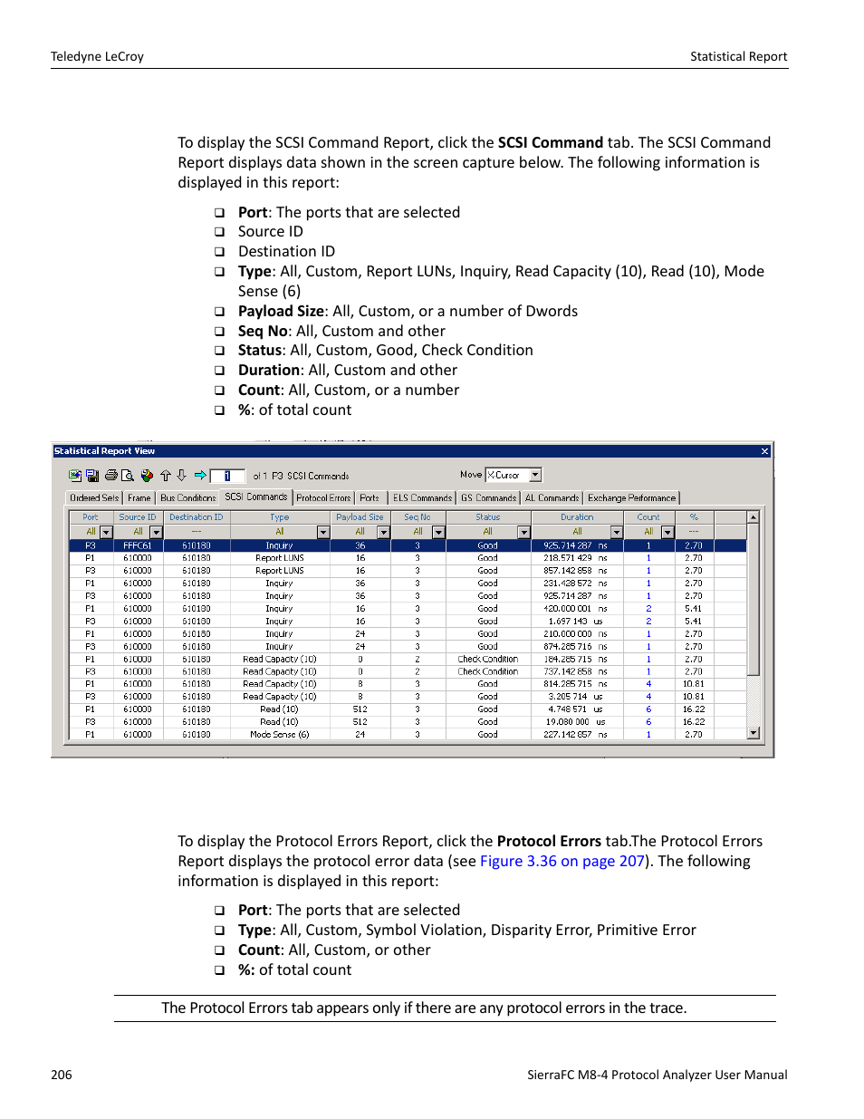 Scsi commands report, Protocol errors report | Teledyne LeCroy SierraFC M8-4 User Manual User Manual | Page 206 / 335