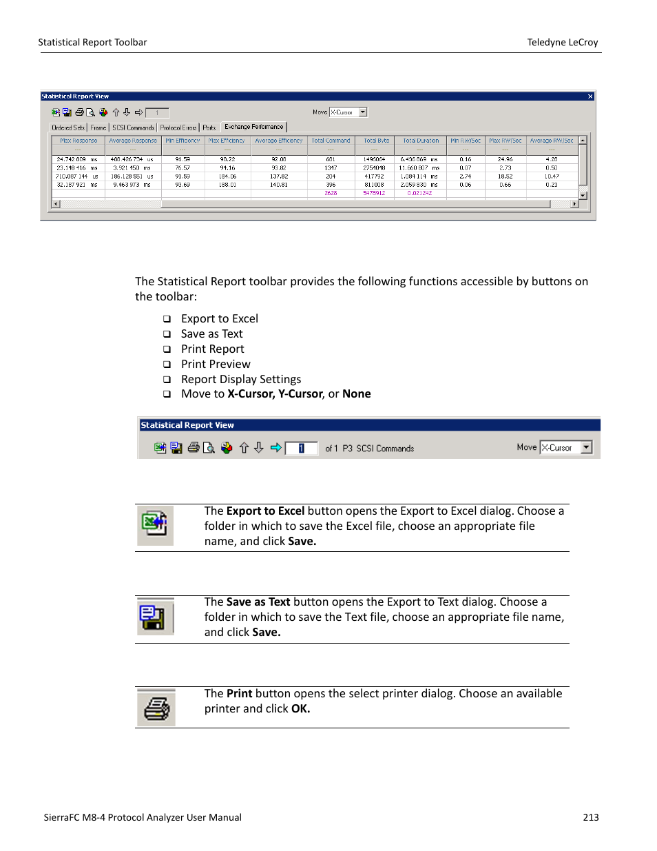 Statistical report toolbar, Export as microsoft® excel file, Save as text file | Print statistical report | Teledyne LeCroy SierraFC M8-4 User Manual User Manual | Page 213 / 335