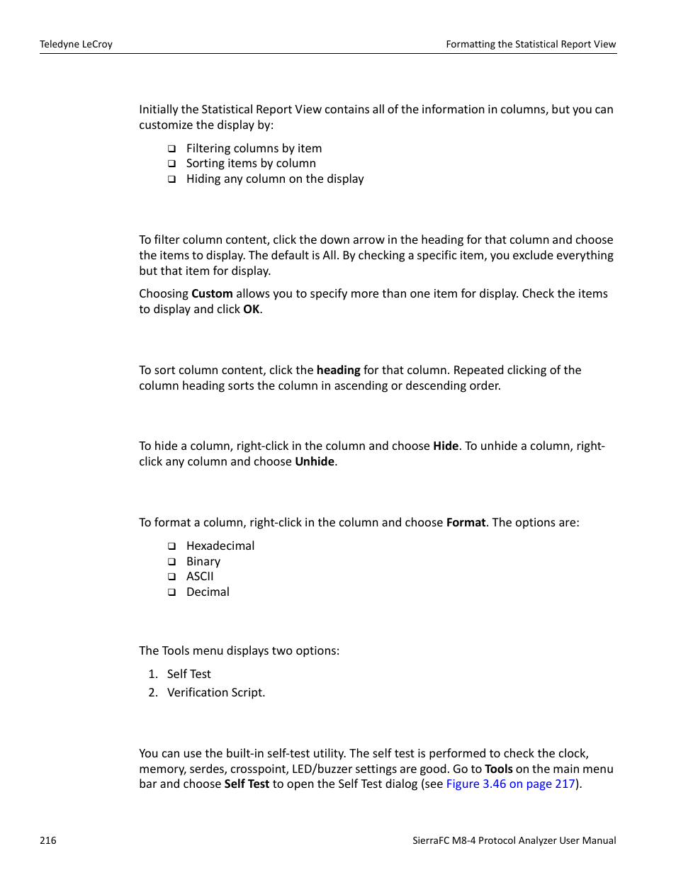 Formatting the statistical report view, Filtering column content, Sorting column content | Hiding columns, Formatting columns, Tools, Self test | Teledyne LeCroy SierraFC M8-4 User Manual User Manual | Page 216 / 335