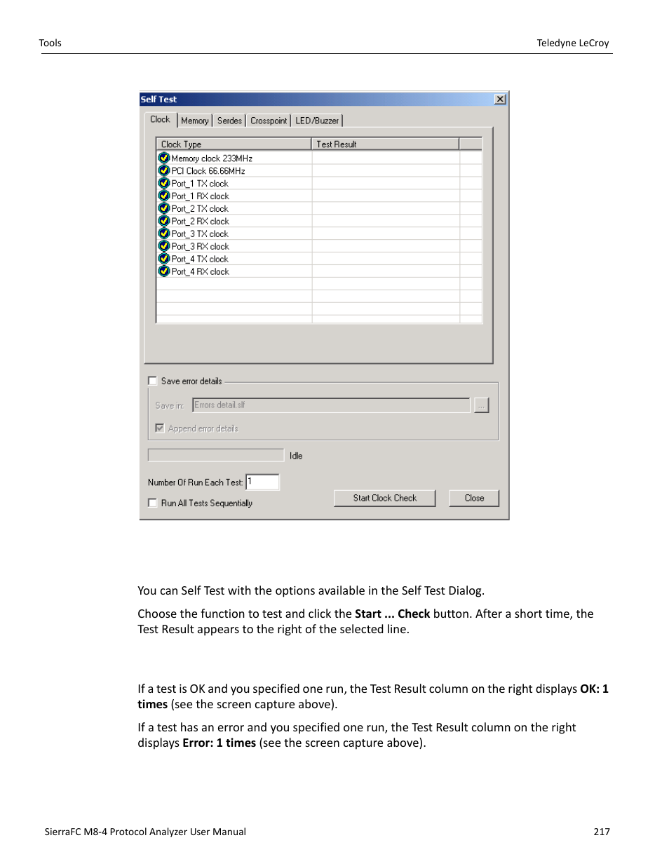 Self test tabs, Test result column | Teledyne LeCroy SierraFC M8-4 User Manual User Manual | Page 217 / 335