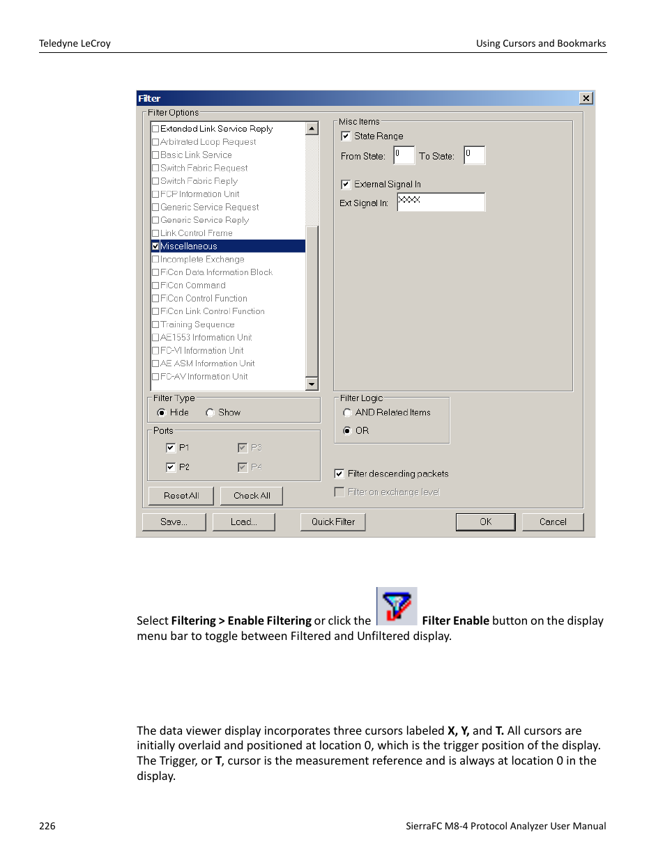 Enable filter, Using cursors and bookmarks, Cursors | Teledyne LeCroy SierraFC M8-4 User Manual User Manual | Page 226 / 335