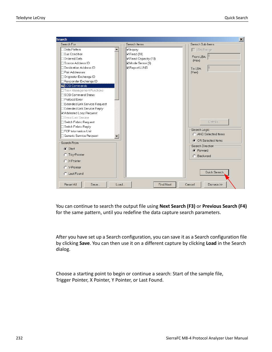Save search setup, Search from | Teledyne LeCroy SierraFC M8-4 User Manual User Manual | Page 232 / 335