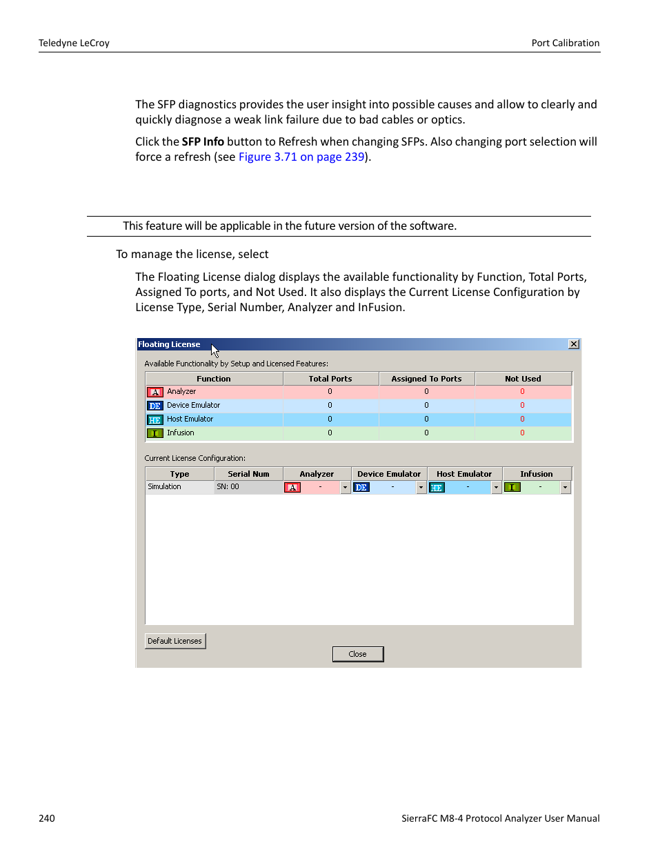 Sfp diagnostics, Floating license | Teledyne LeCroy SierraFC M8-4 User Manual User Manual | Page 240 / 335