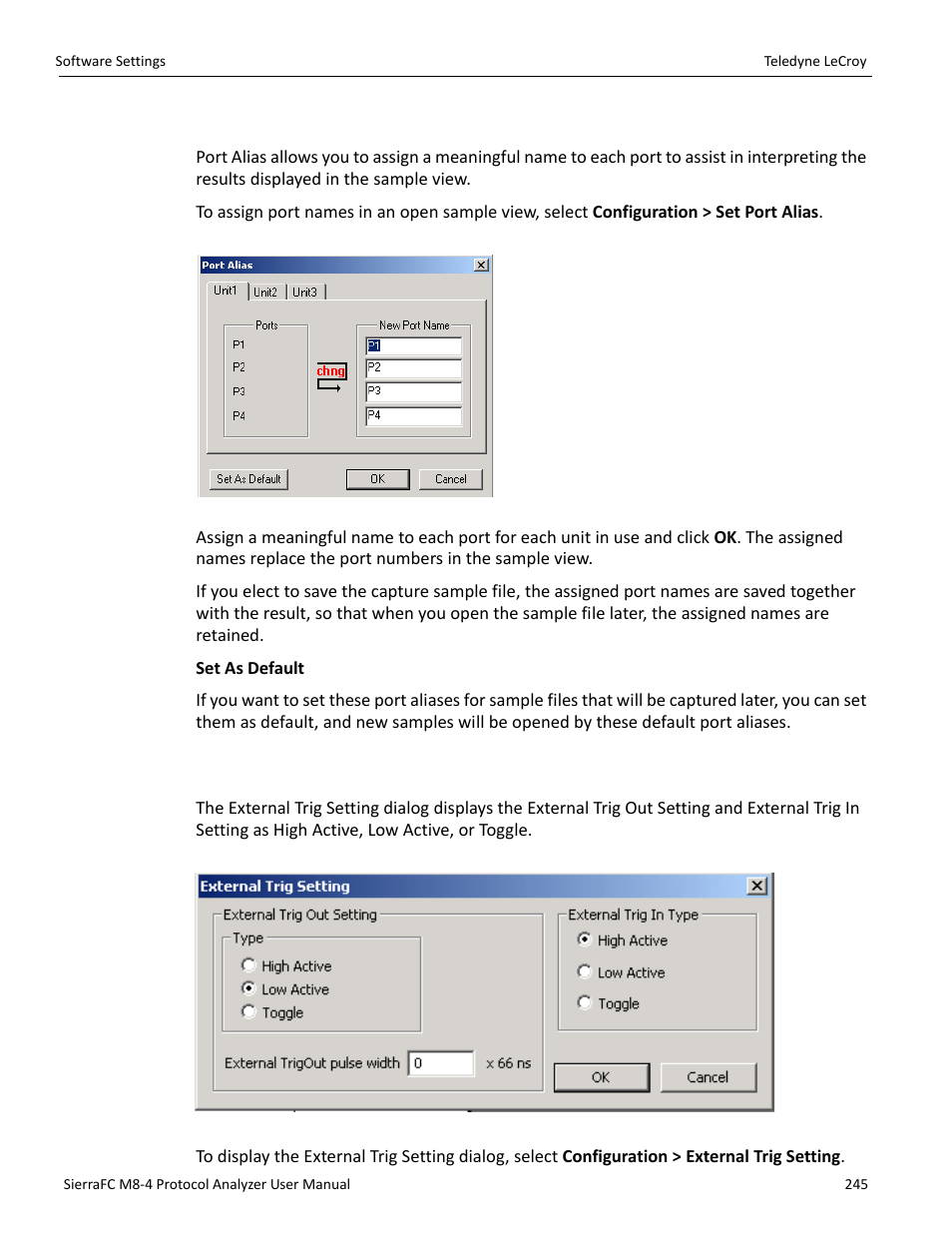 Set port alias, External trig setting, External trig setting” on | Teledyne LeCroy SierraFC M8-4 User Manual User Manual | Page 245 / 335