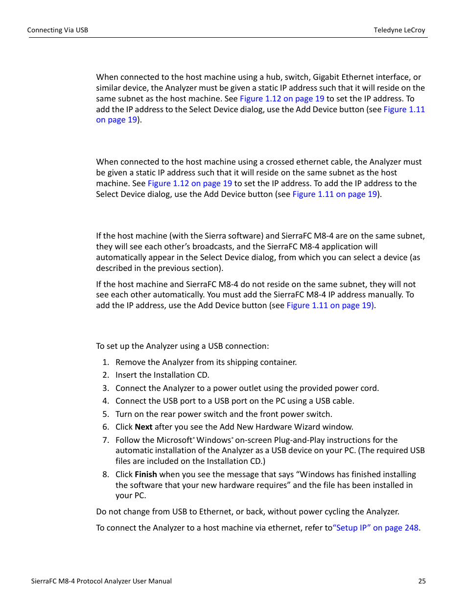 Connecting using a hub, switch, or similar device, Connecting over different subnets, Connecting via usb | Teledyne LeCroy SierraFC M8-4 User Manual User Manual | Page 25 / 335