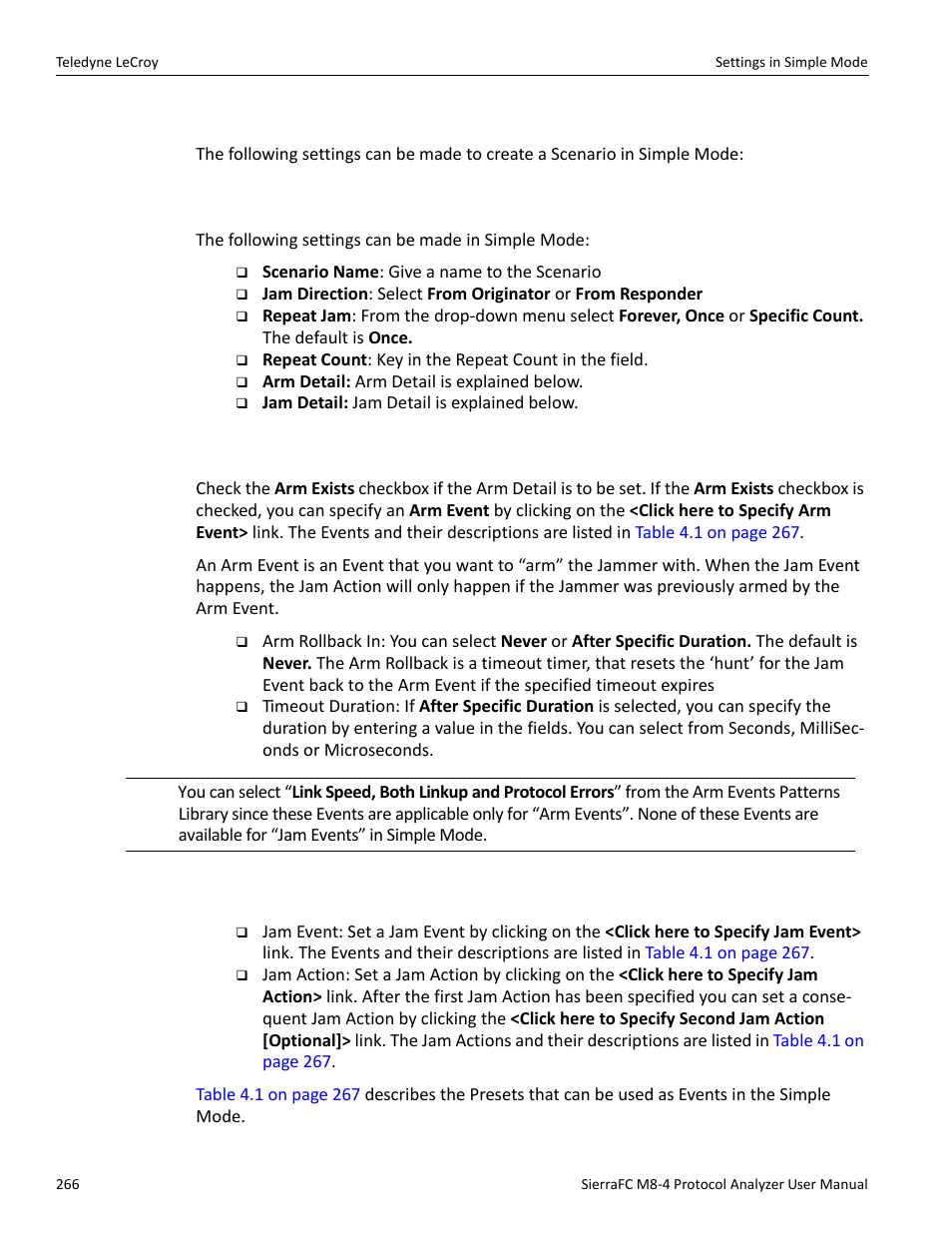 Settings in simple mode, Settings, Arm detail | Jam details | Teledyne LeCroy SierraFC M8-4 User Manual User Manual | Page 266 / 335